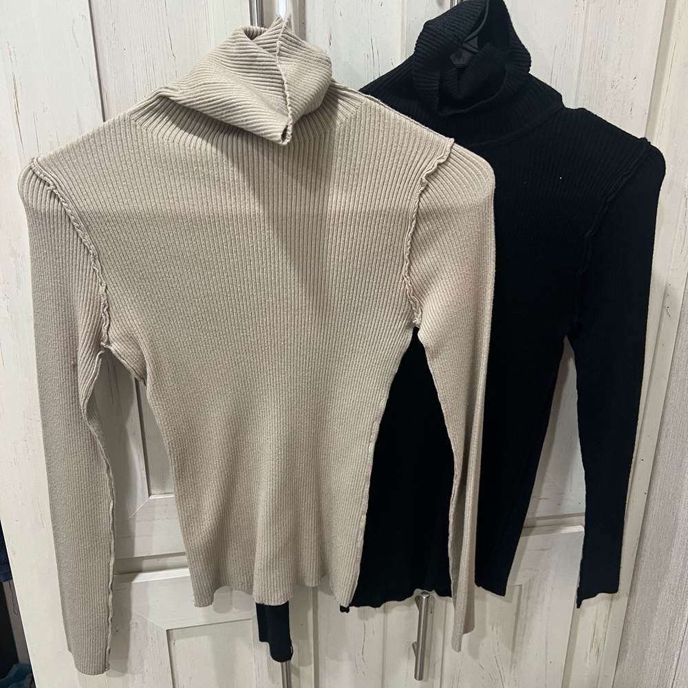 SHEIN Ribbed Cowl Neck Sweaters - Black and Tan